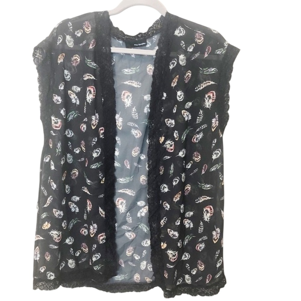 The Kooples Black Sheer Feather Print Lace Trim Kimono Vest FTOP1278 Small